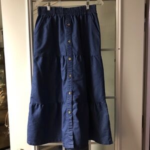 BUNULU Blue Denim Tiered Maxi Skirt with Button‎ Accents